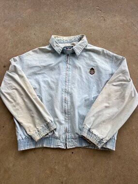 Vintage Chaps Ralph Lauren Light Blue Cotton Zip-Up Jacket With Embroidered Cres